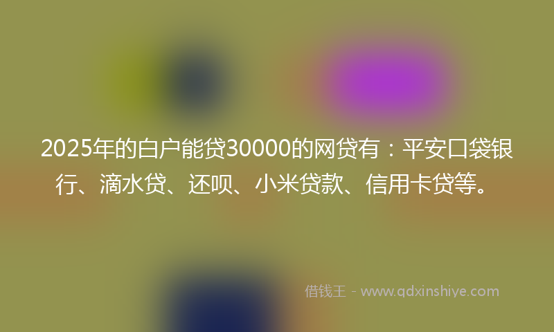 2025年的白户能贷30000的网贷有：平安口袋银行、滴水贷、还呗、小米贷款、信用卡贷等。
