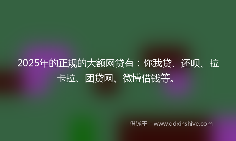 2025年的正规的大额网贷有：你我贷、还呗、拉卡拉、团贷网、微博借钱等。