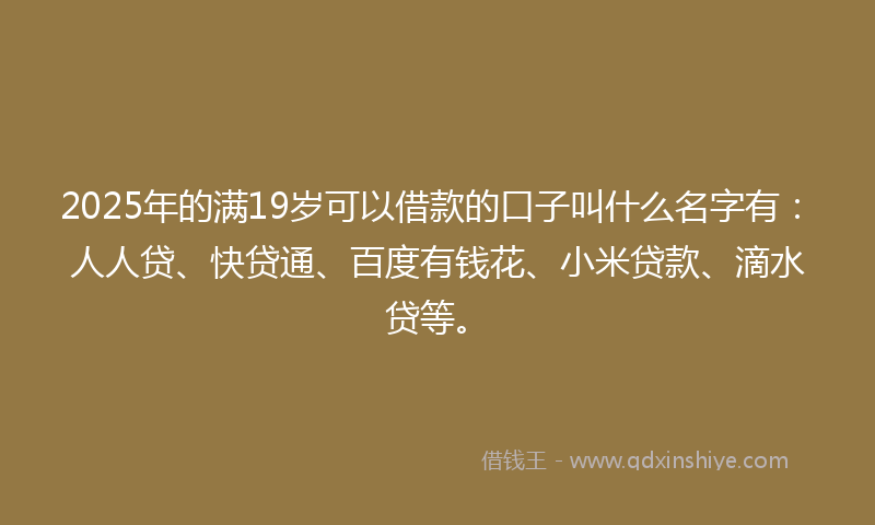 2025年的满19岁可以借款的口子叫什么名字有：人人贷、快贷通、百度有钱花、小米贷款、滴水贷等。