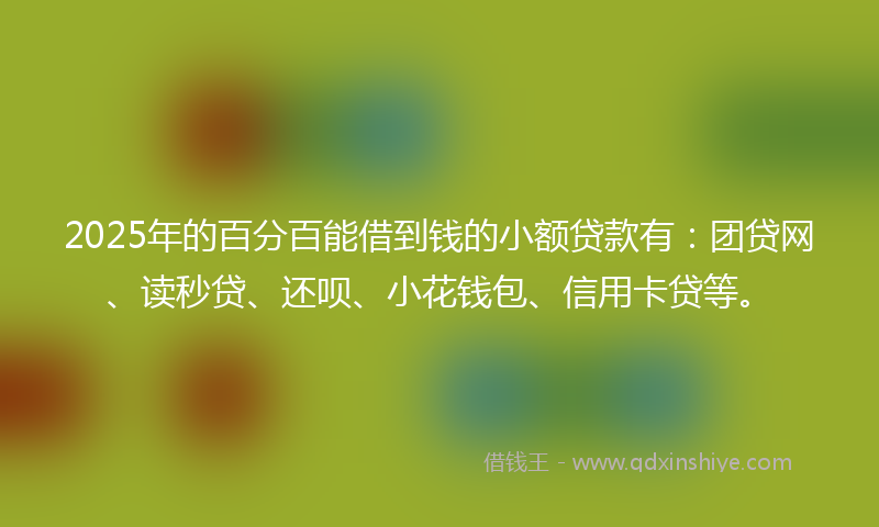 2025年的百分百能借到钱的小额贷款有：团贷网、读秒贷、还呗、小花钱包、信用卡贷等。