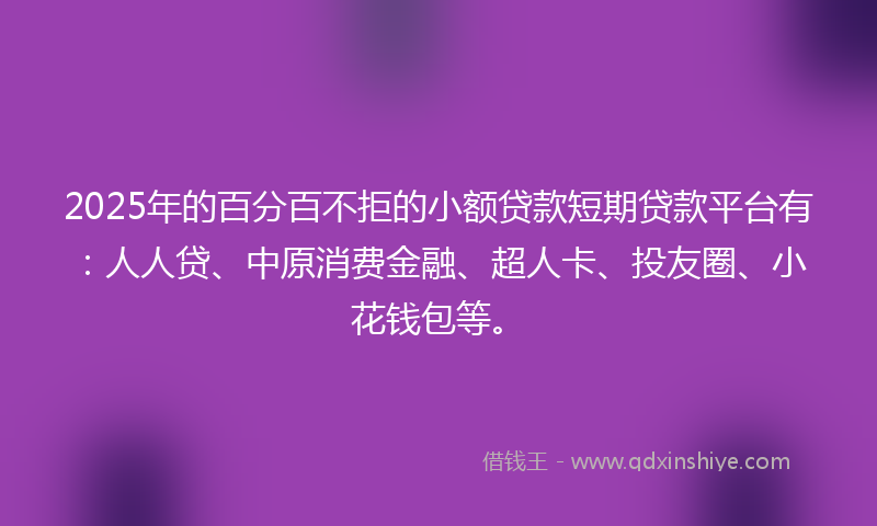 2025年的百分百不拒的小额贷款短期贷款平台有：人人贷、中原消费金融、超人卡、投友圈、小花钱包等。