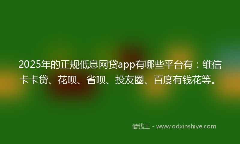 2025年的正规低息网贷app有哪些平台有：维信卡卡贷、花呗、省呗、投友圈、百度有钱花等。