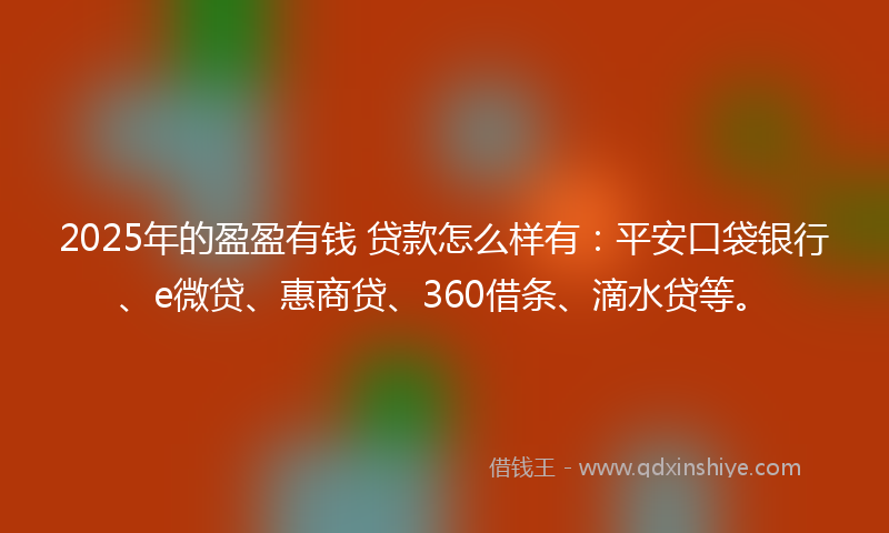 2025年的盈盈有钱 贷款怎么样有：平安口袋银行、e微贷、惠商贷、360借条、滴水贷等。