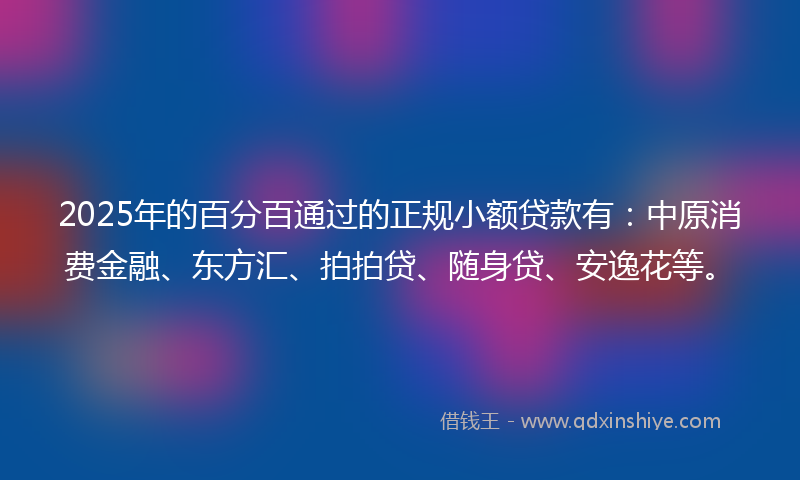 2025年的百分百通过的正规小额贷款有：中原消费金融、东方汇、拍拍贷、随身贷、安逸花等。