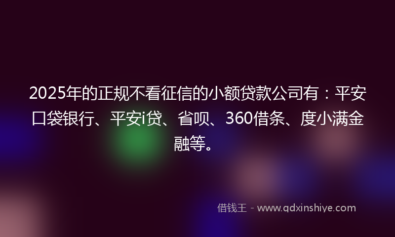2025年的正规不看征信的小额贷款公司有：平安口袋银行、平安i贷、省呗、360借条、度小满金融等。