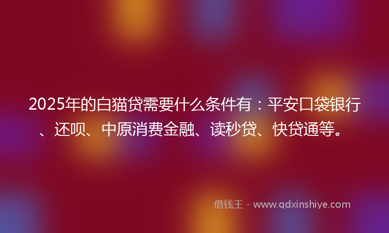 2025年的白猫贷需要什么条件有:平安口袋银行、还呗、中原消费金融、读秒贷、快贷通等。