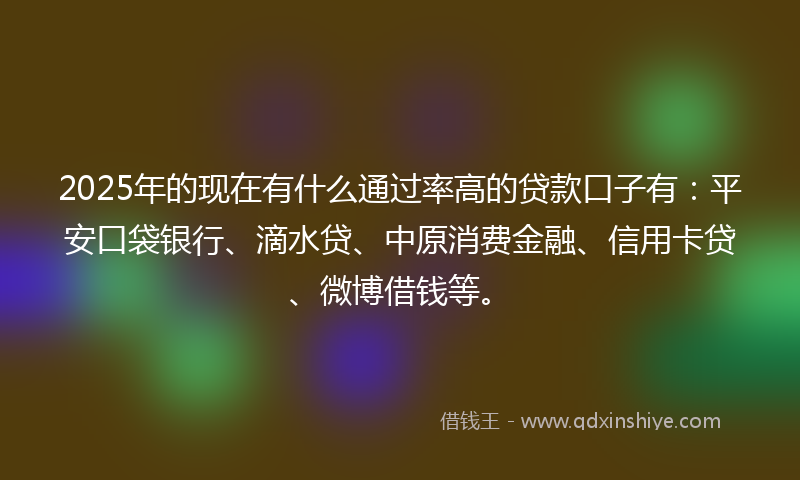 2025年的现在有什么通过率高的贷款口子有：平安口袋银行、滴水贷、中原消费金融、信用卡贷、微博借钱等。