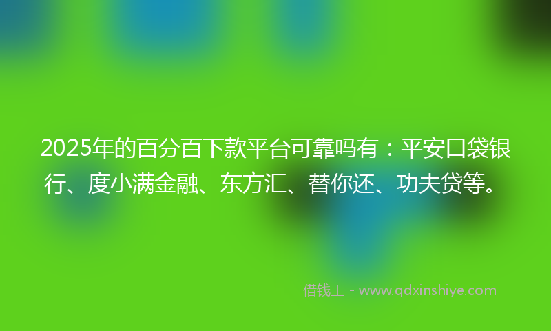 2025年的百分百下款平台可靠吗有：平安口袋银行、度小满金融、东方汇、替你还、功夫贷等。