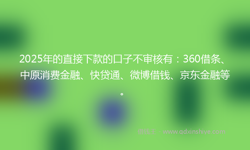 2025年的直接下款的口子不审核有：360借条、中原消费金融、快贷通、微博借钱、京东金融等。
