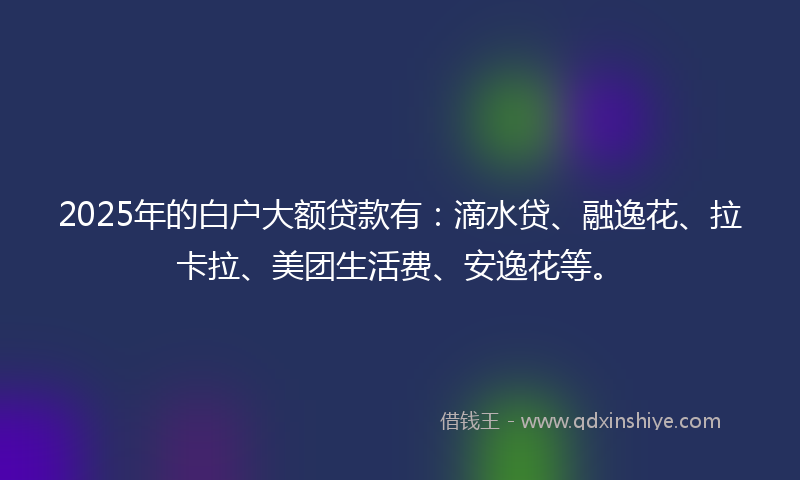 2025年的白户大额贷款有：滴水贷、融逸花、拉卡拉、美团生活费、安逸花等。
