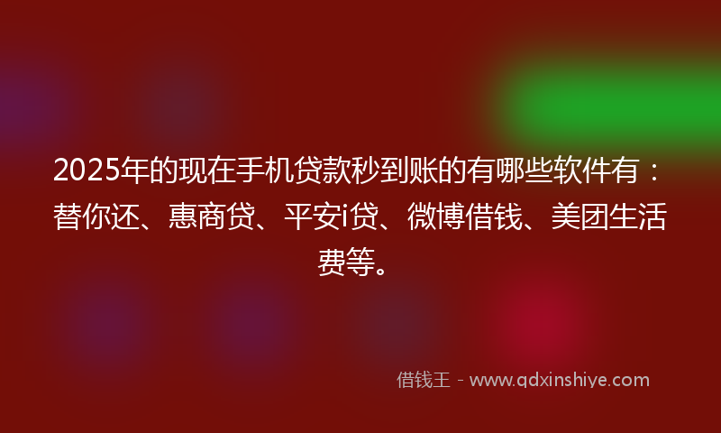 2025年的现在手机贷款秒到账的有哪些软件有：替你还、惠商贷、平安i贷、微博借钱、美团生活费等。