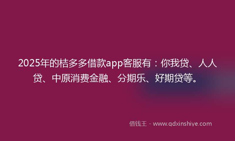 2025年的桔多多借款app客服有：你我贷、人人贷、中原消费金融、分期乐、好期贷等。