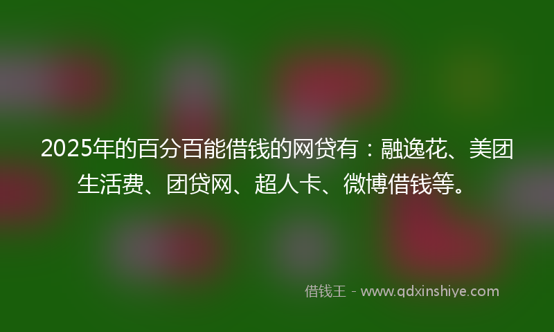 2025年的百分百能借钱的网贷有：融逸花、美团生活费、团贷网、超人卡、微博借钱等。