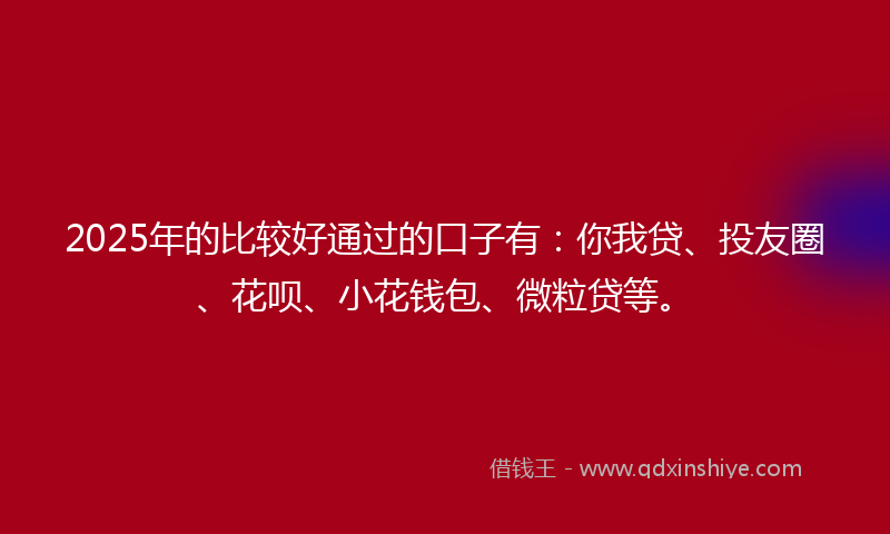 2025年的比较好通过的口子有：你我贷、投友圈、花呗、小花钱包、微粒贷等。