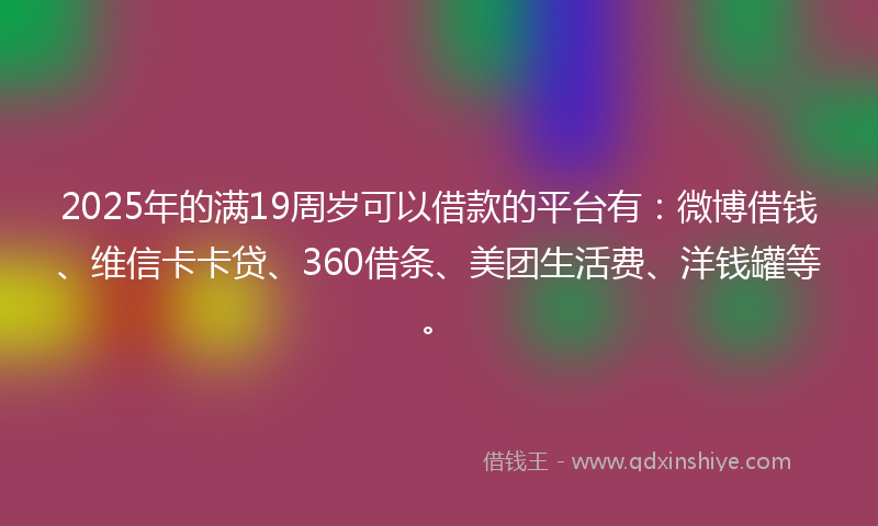 2025年的满19周岁可以借款的平台有：微博借钱、维信卡卡贷、360借条、美团生活费、洋钱罐等。