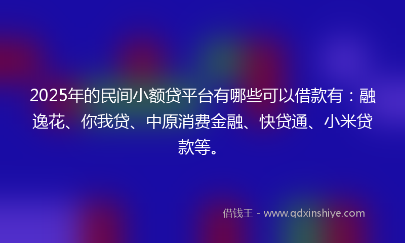 2025年的民间小额贷平台有哪些可以借款有:融逸花、你我贷、中原消费金融、快贷通、小米贷款等。