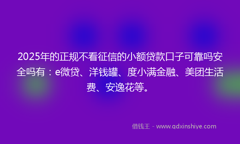 2025年的正规不看征信的小额贷款口子可靠吗安全吗有：e微贷、洋钱罐、度小满金融、美团生活费、安逸花等。