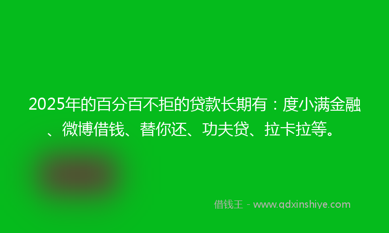 2025年的百分百不拒的贷款长期有：度小满金融、微博借钱、替你还、功夫贷、拉卡拉等。