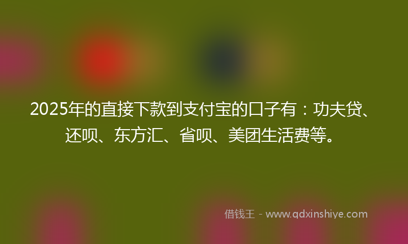 2025年的直接下款到支付宝的口子有：功夫贷、还呗、东方汇、省呗、美团生活费等。