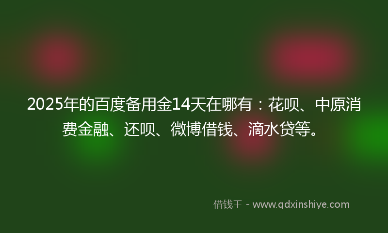 2025年的百度备用金14天在哪有：花呗、中原消费金融、还呗、微博借钱、滴水贷等。