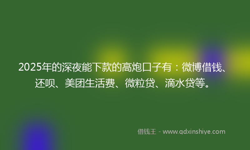 2025年的深夜能下款的高炮口子有：微博借钱、还呗、美团生活费、微粒贷、滴水贷等。