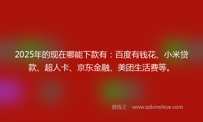 2025年的现在哪能下款有：百度有钱花、小米贷款、超人卡、京东金融、美团生活费等。