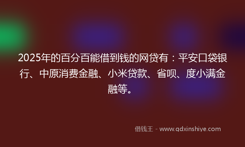 2025年的百分百能借到钱的网贷有：平安口袋银行、中原消费金融、小米贷款、省呗、度小满金融等。
