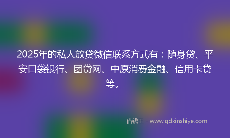 2025年的私人放贷微信联系方式有：随身贷、平安口袋银行、团贷网、中原消费金融、信用卡贷等。