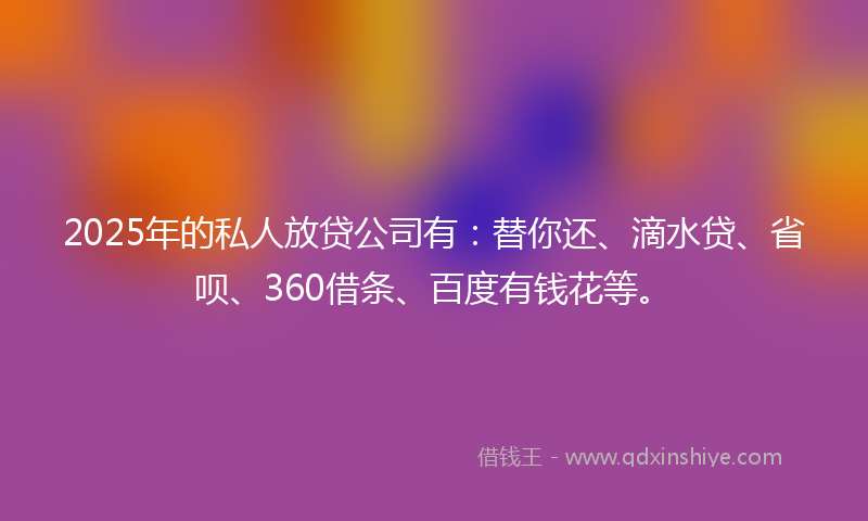 2025年的私人放贷公司有：替你还、滴水贷、省呗、360借条、百度有钱花等。
