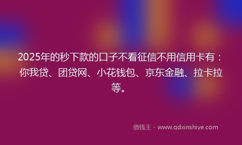 2025年的秒下款的口子不看征信不用信用卡有：你我贷、团贷网、小花钱包、京东金融、拉卡拉等。