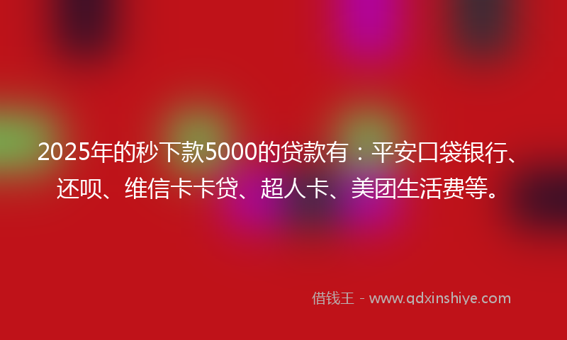 2025年的秒下款5000的贷款有：平安口袋银行、还呗、维信卡卡贷、超人卡、美团生活费等。