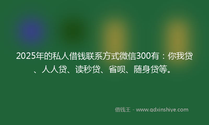 2025年的私人借钱联系方式微信300有：你我贷、人人贷、读秒贷、省呗、随身贷等。