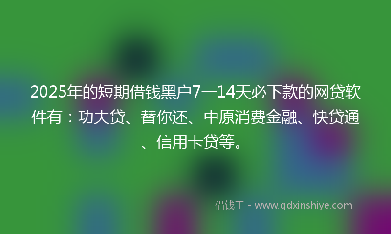 2025年的短期借钱黑户7一14天必下款的网贷软件有：功夫贷、替你还、中原消费金融、快贷通、信用卡贷等。