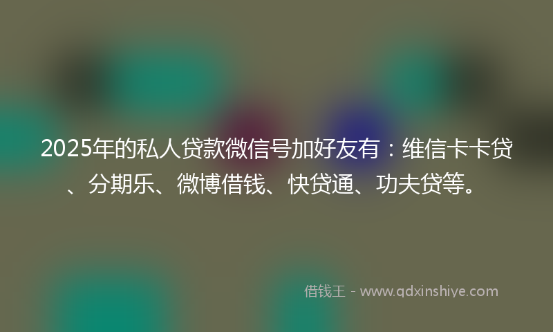 2025年的私人贷款微信号加好友有：维信卡卡贷、分期乐、微博借钱、快贷通、功夫贷等。