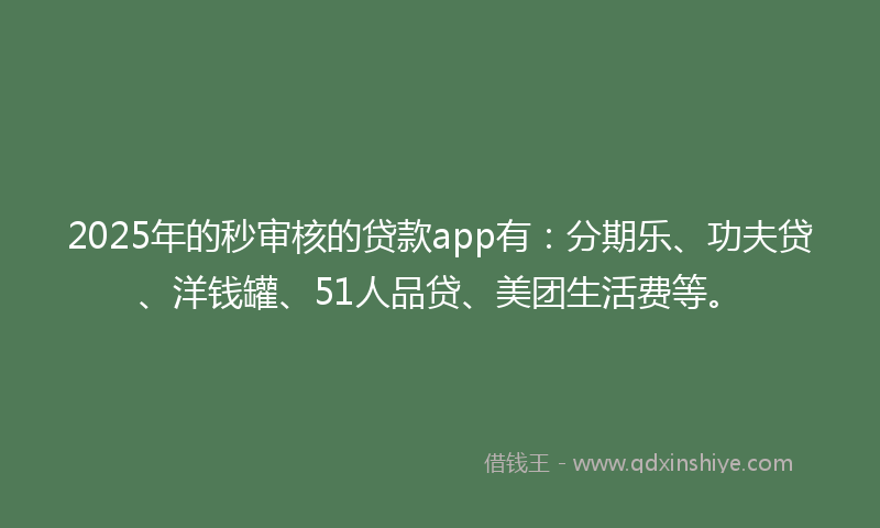 2025年的秒审核的贷款app有：分期乐、功夫贷、洋钱罐、51人品贷、美团生活费等。