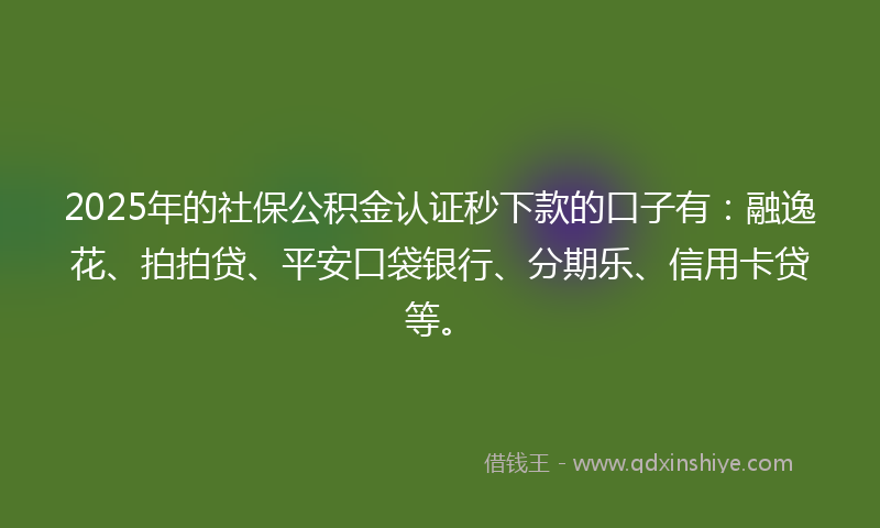 2025年的社保公积金认证秒下款的口子有：融逸花、拍拍贷、平安口袋银行、分期乐、信用卡贷等。