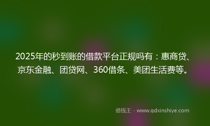 2025年的秒到账的借款平台正规吗有：惠商贷、京东金融、团贷网、360借条、美团生活费等。