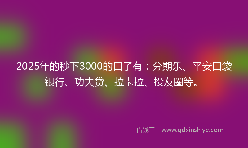 2025年的秒下3000的口子有：分期乐、平安口袋银行、功夫贷、拉卡拉、投友圈等。