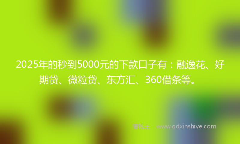 2025年的秒到5000元的下款口子有：融逸花、好期贷、微粒贷、东方汇、360借条等。