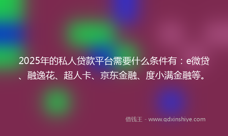 2025年的私人贷款平台需要什么条件有：e微贷、融逸花、超人卡、京东金融、度小满金融等。