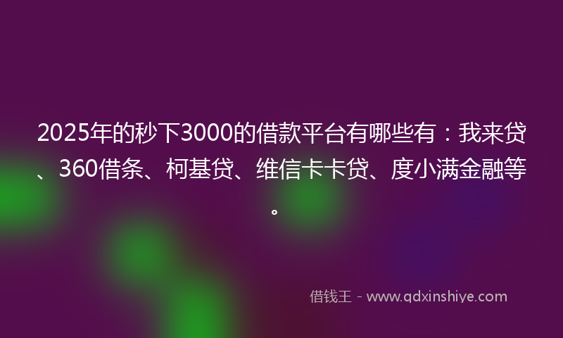 2025年的秒下3000的借款平台有哪些有：我来贷、360借条、柯基贷、维信卡卡贷、度小满金融等。