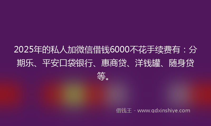 2025年的私人加微信借钱6000不花手续费有：分期乐、平安口袋银行、惠商贷、洋钱罐、随身贷等。