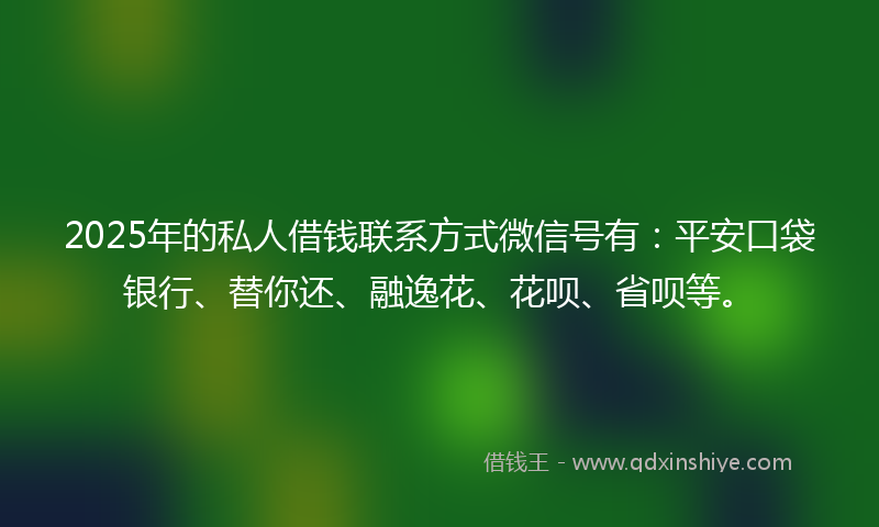 2025年的私人借钱联系方式微信号有：平安口袋银行、替你还、融逸花、花呗、省呗等。
