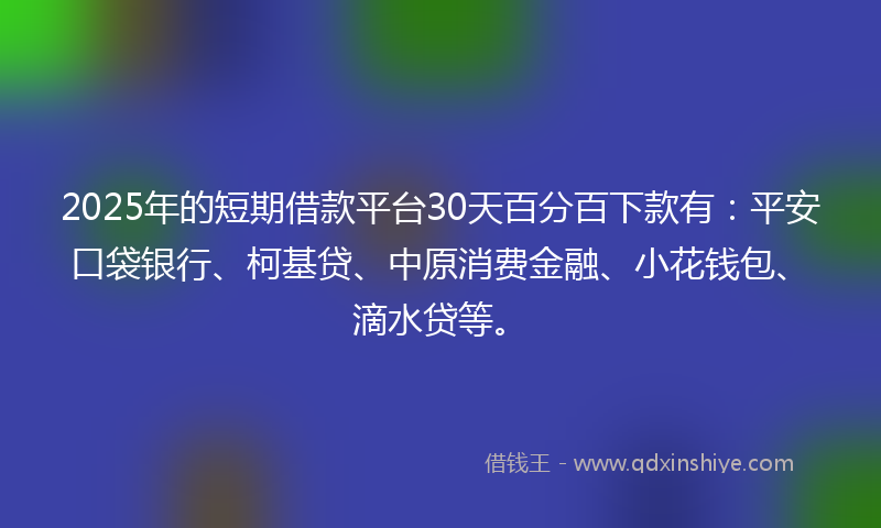 2025年的短期借款平台30天百分百下款有：平安口袋银行、柯基贷、中原消费金融、小花钱包、滴水贷等。