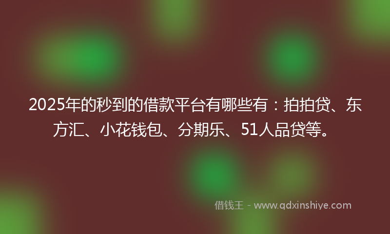 2025年的秒到的借款平台有哪些有：拍拍贷、东方汇、小花钱包、分期乐、51人品贷等。