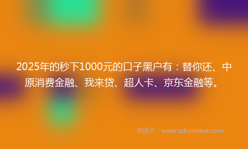 2025年的秒下1000元的口子黑户有：替你还、中原消费金融、我来贷、超人卡、京东金融等。
