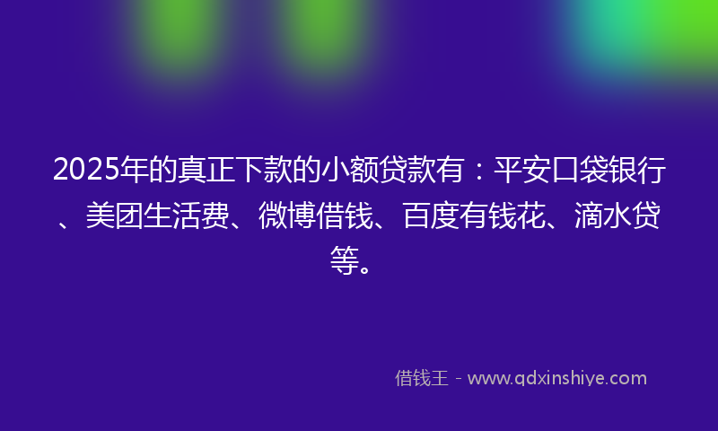 2025年的真正下款的小额贷款有：平安口袋银行、美团生活费、微博借钱、百度有钱花、滴水贷等。