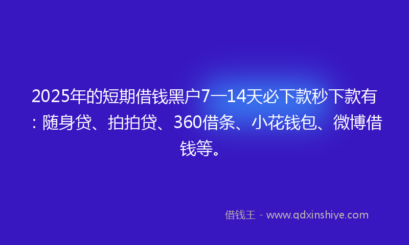 2025年的短期借钱黑户7一14天必下款秒下款有：随身贷、拍拍贷、360借条、小花钱包、微博借钱等。