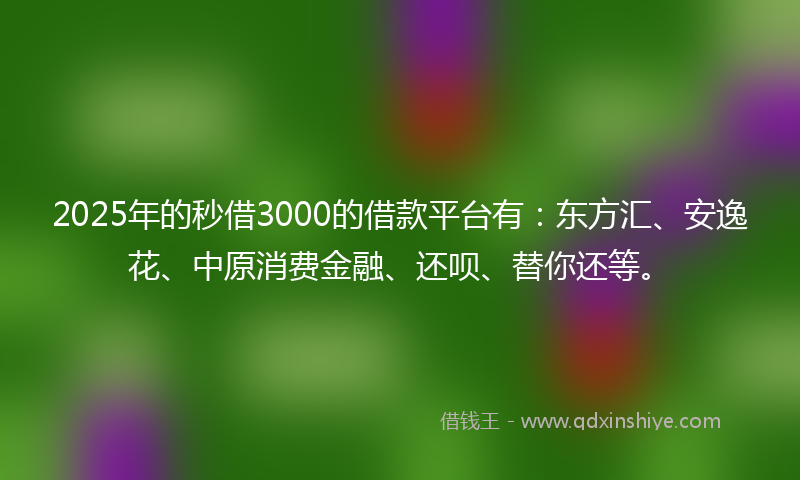2025年的秒借3000的借款平台有：东方汇、安逸花、中原消费金融、还呗、替你还等。