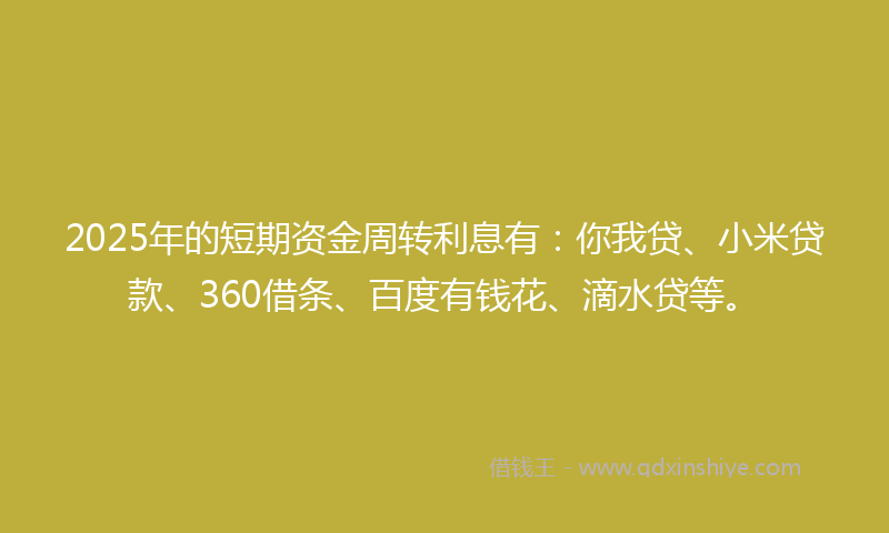2025年的短期资金周转利息有：你我贷、小米贷款、360借条、百度有钱花、滴水贷等。